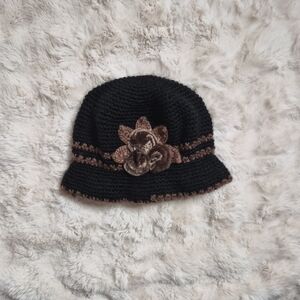 Vintage 90s Y2K Knit Hat Fur Flowers Fall Winter Indie Sleaze Sleeze Retro Black